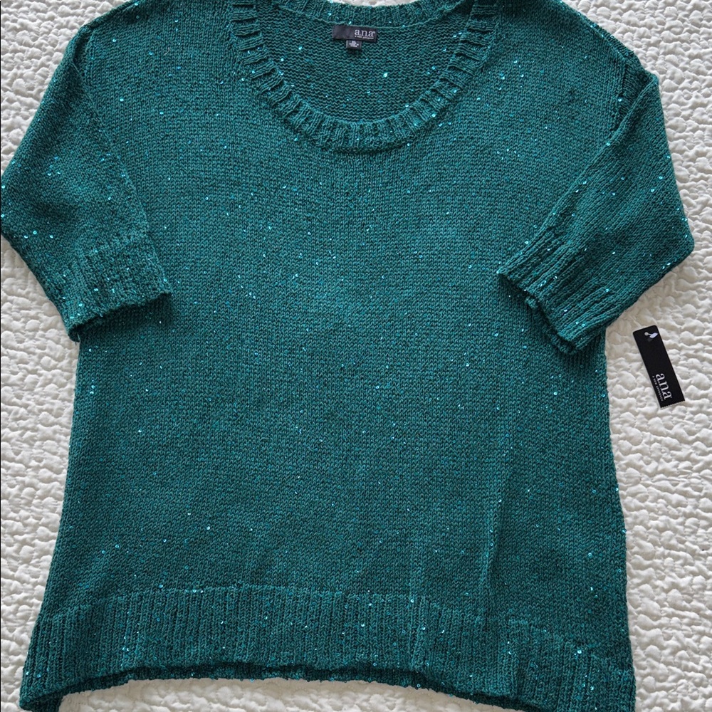 NWT a.n.a A New Approach Sequin Pullover Chic Teal Sweater 3/4 Sleeve Sz XL